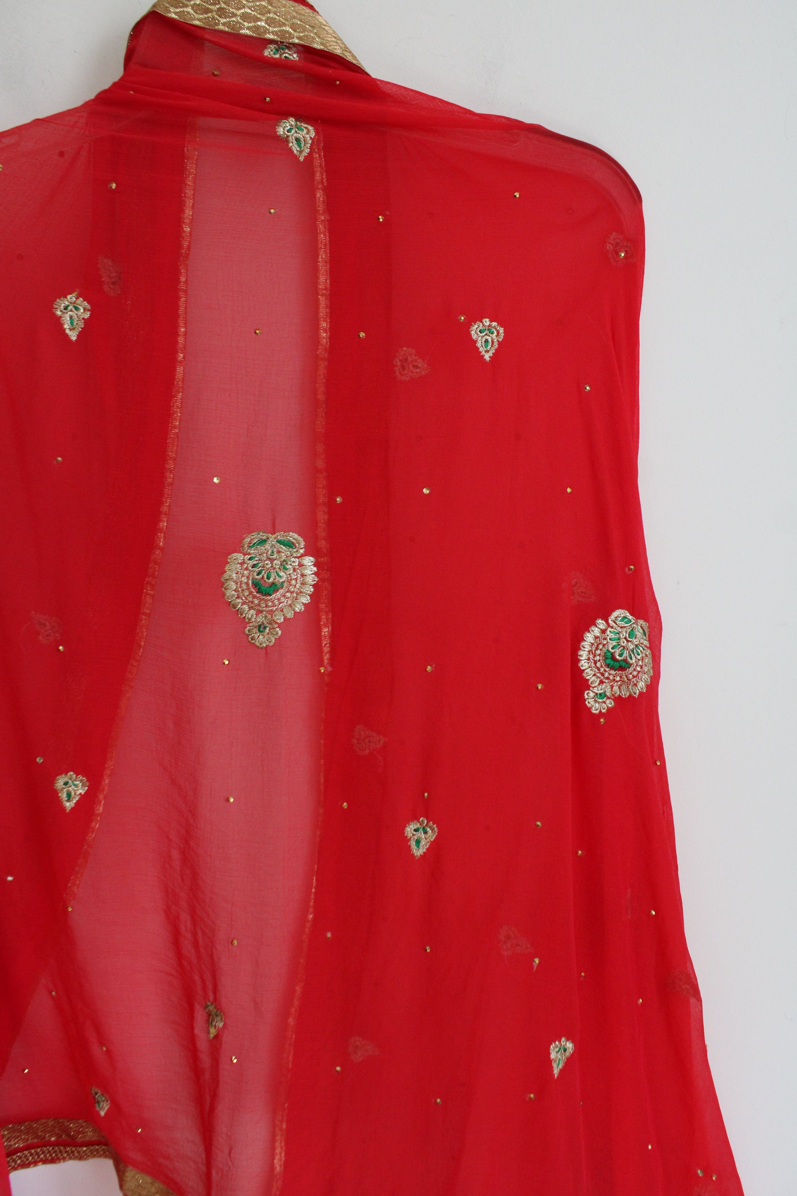 Red & Gold Edged & Beaded Dupatta Shawl