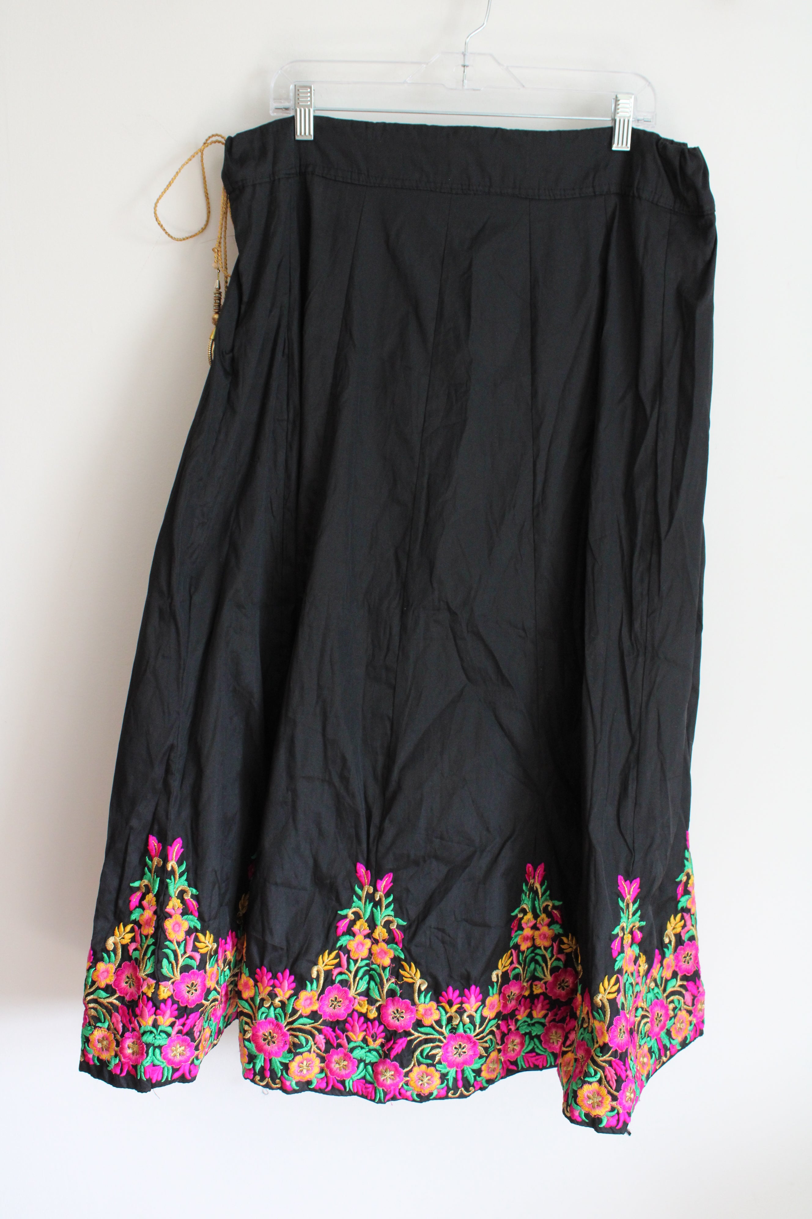 Colorful Floral Black Cotton Skirt | L/XL