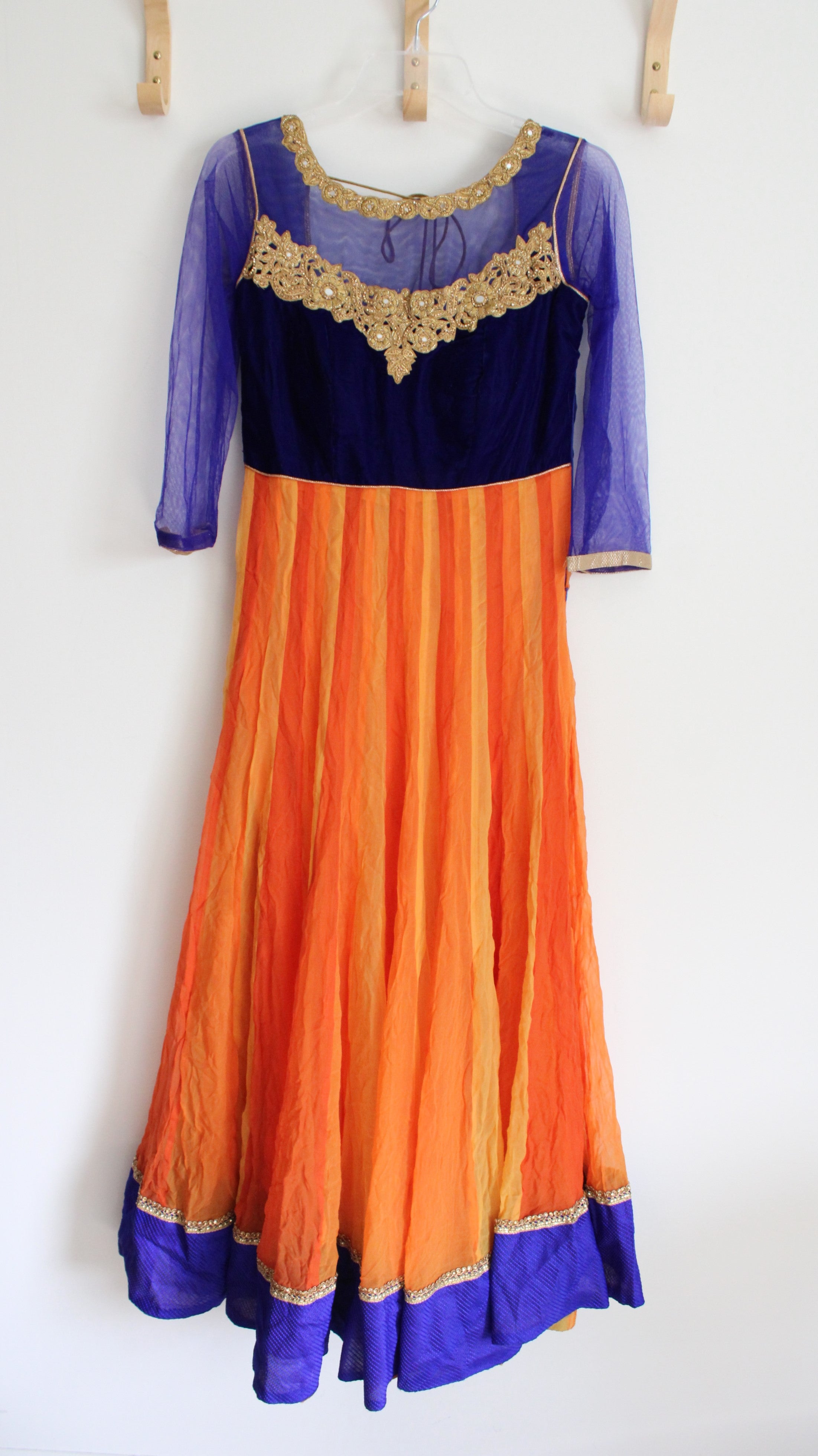 Cobalt Blue Orange & Gold Beaded Long Sleeved Dress | M