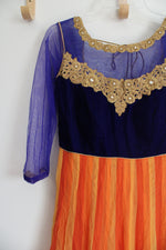 Cobalt Blue Orange & Gold Beaded Long Sleeved Dress | M