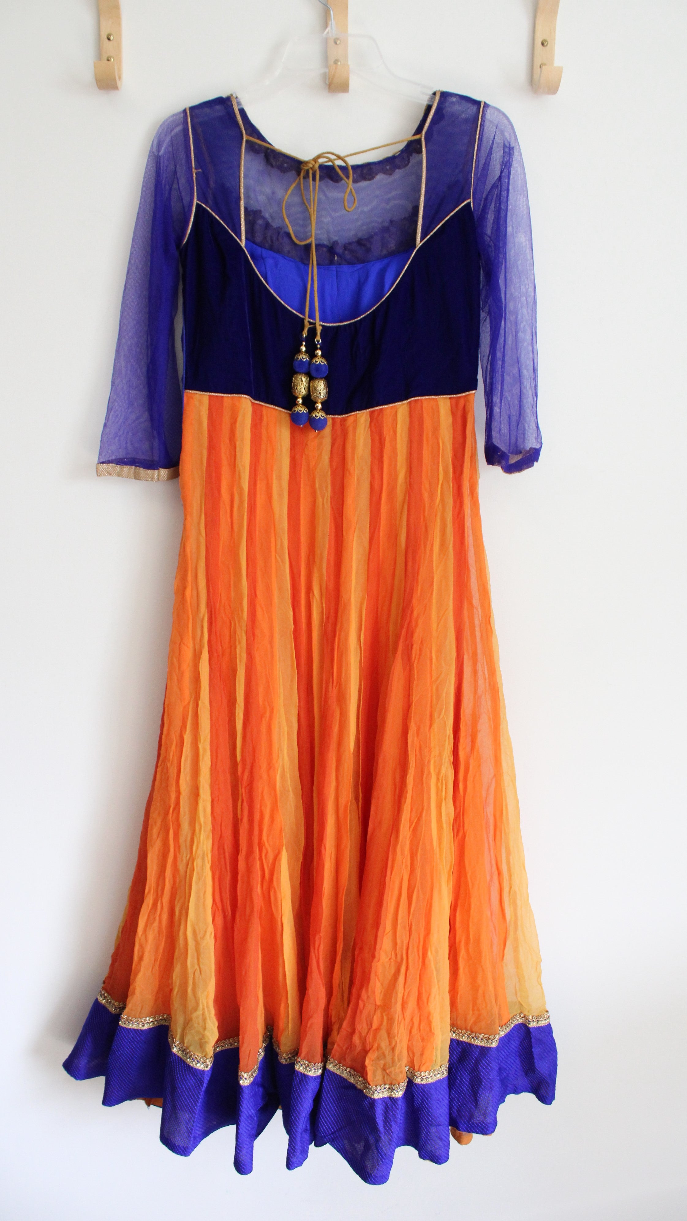 Cobalt Blue Orange & Gold Beaded Long Sleeved Dress | M