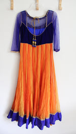 Cobalt Blue Orange & Gold Beaded Long Sleeved Dress | M