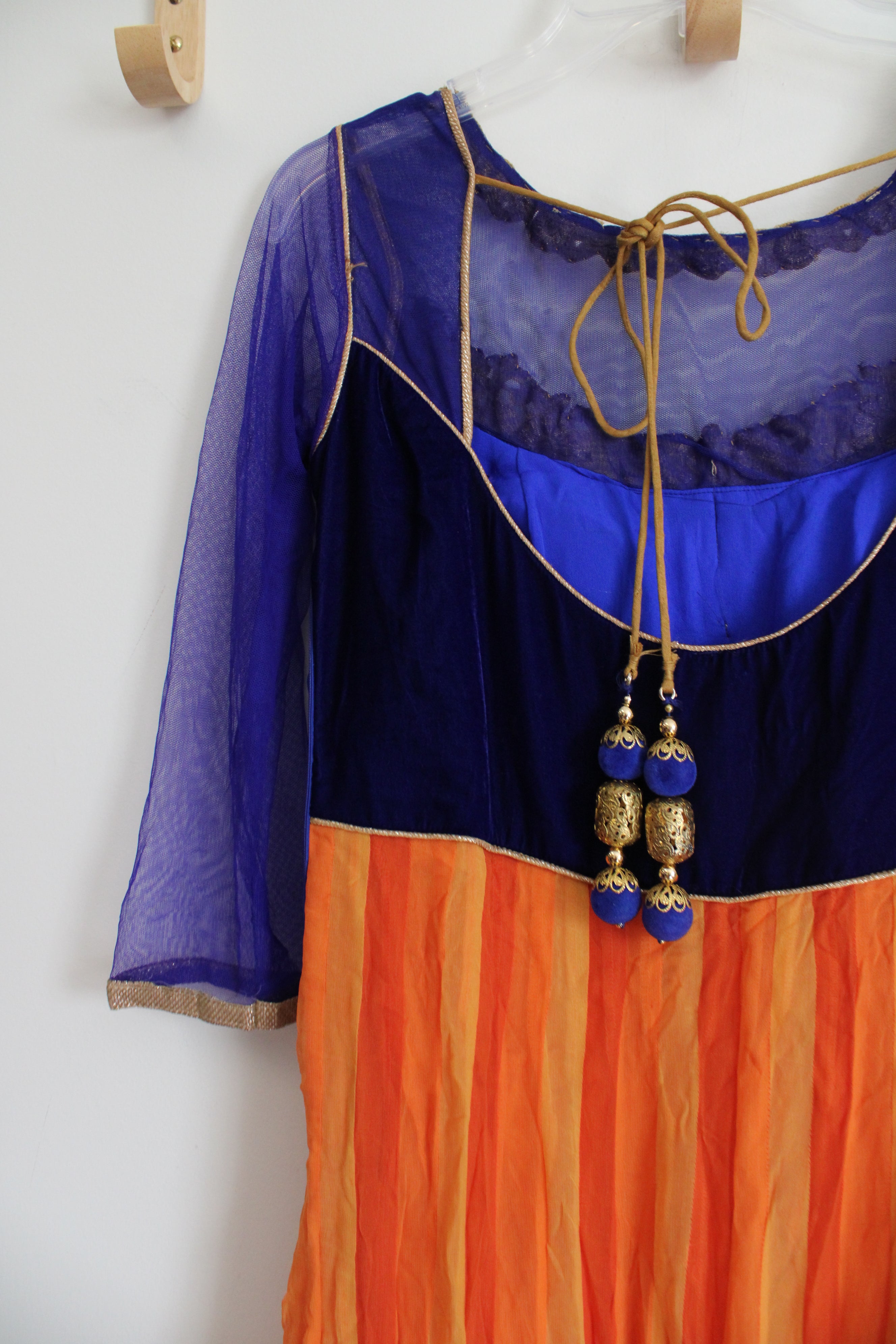 Cobalt Blue Orange & Gold Beaded Long Sleeved Dress | M