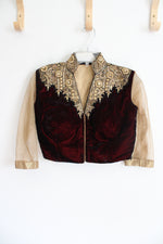 Red Velvet & Gold Beaded Cropped Jacket | M