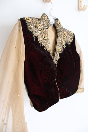 Red Velvet & Gold Beaded Cropped Jacket | M