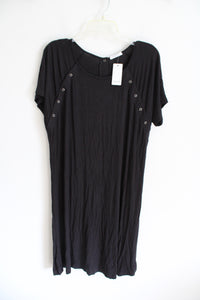 NEW Ekouaer Solid Black Snap Buttoned Dress | L