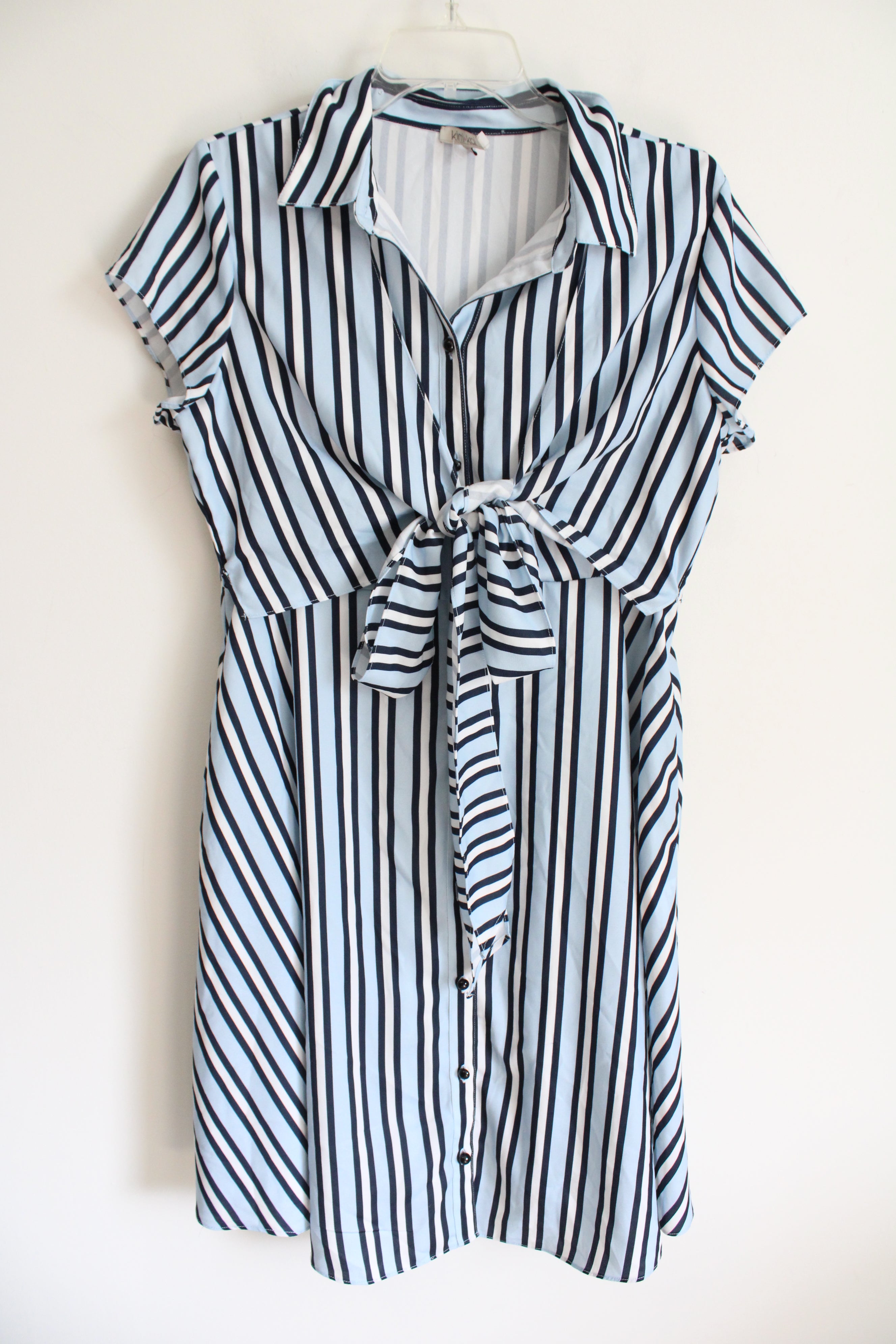 Kimi + Kai Blue & White Striped Front Tie Button Down Dress | XL