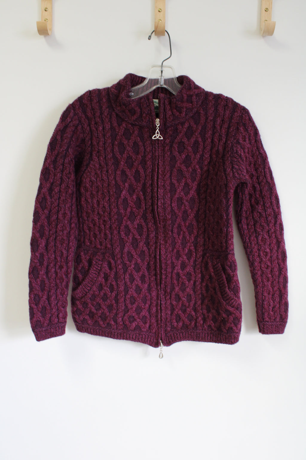 Aran Crafts Ireland Merino Wool Purple Knit Zip Up Jacket | S