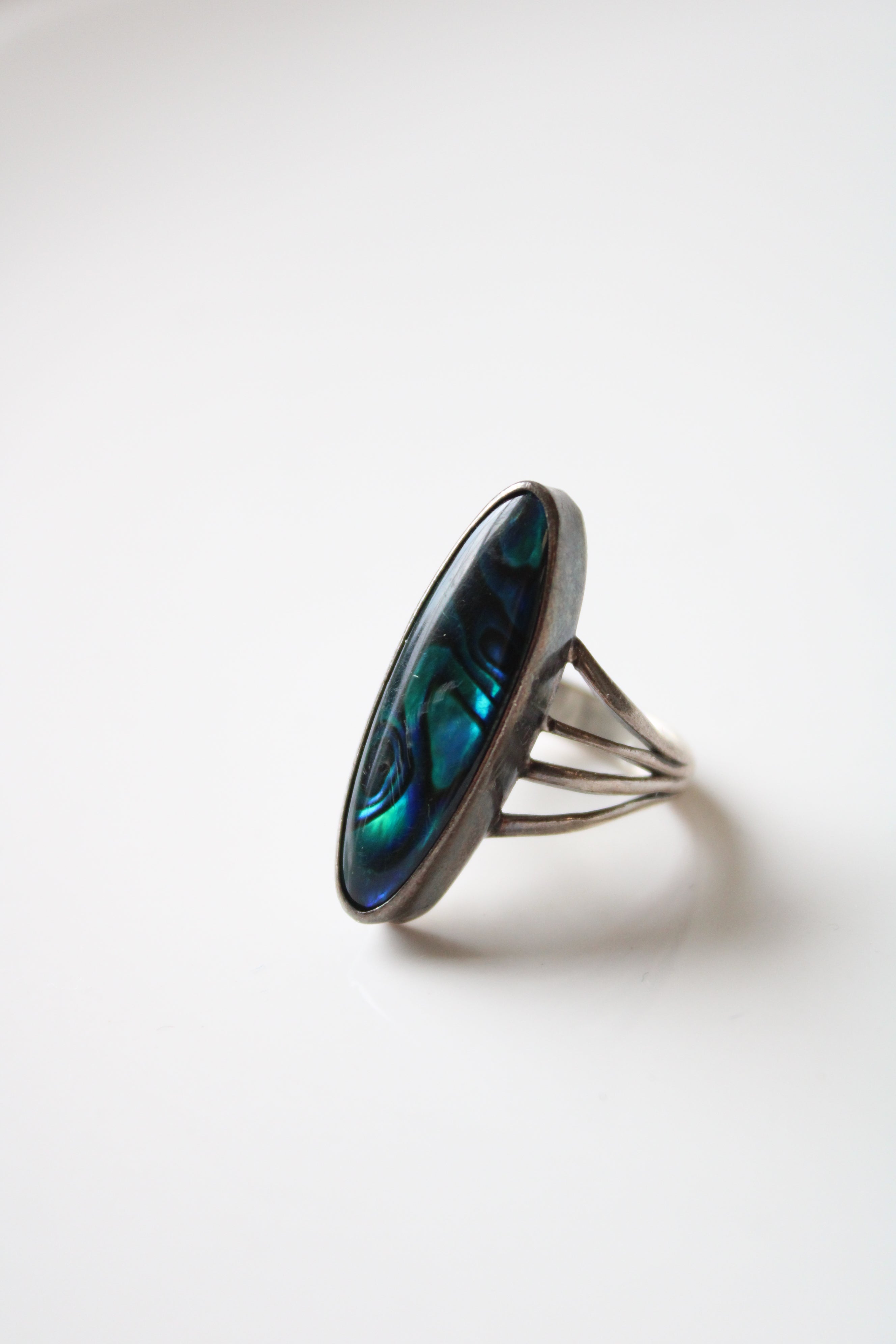 Abalone Blue Green Oblong Sterling Silver Ring | Size 6.5