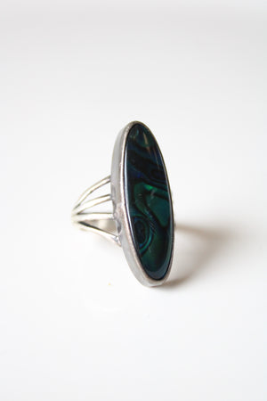 Abalone Blue Green Oblong Sterling Silver Ring | Size 6.5