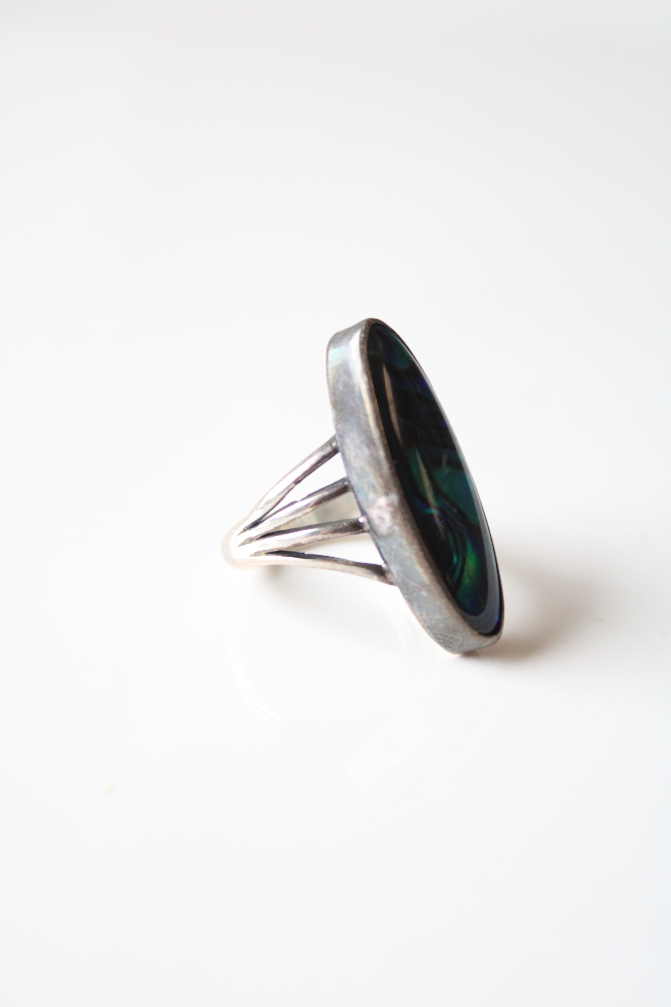 Abalone Blue Green Oblong Sterling Silver Ring | Size 6.5