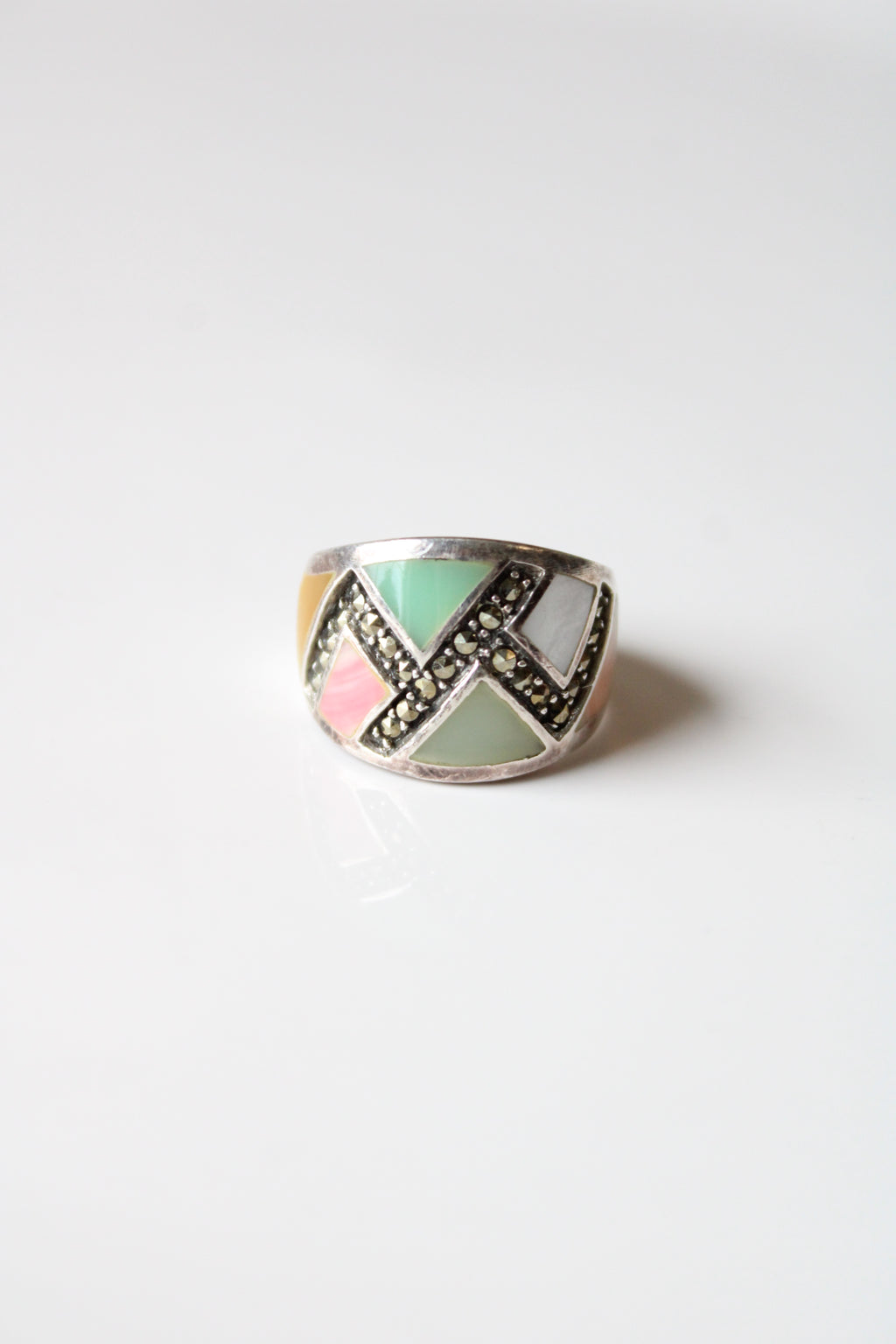 Art Deco Agate Jade Mother Of Pearl & Marcasite Sterling Ring | Size 7.5