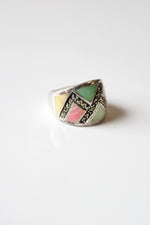 Art Deco Agate Jade Mother Of Pearl & Marcasite Sterling Ring | Size 7.5