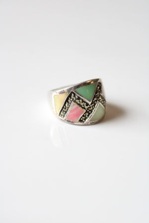 Art Deco Agate Jade Mother Of Pearl & Marcasite Sterling Ring | Size 7.5