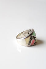 Art Deco Agate Jade Mother Of Pearl & Marcasite Sterling Ring | Size 7.5