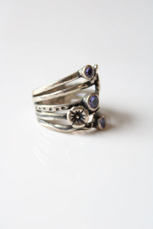 Stacked Amethyst Purple Stone Dragonfly & Flower Stacked Sterling Ring | Size 8