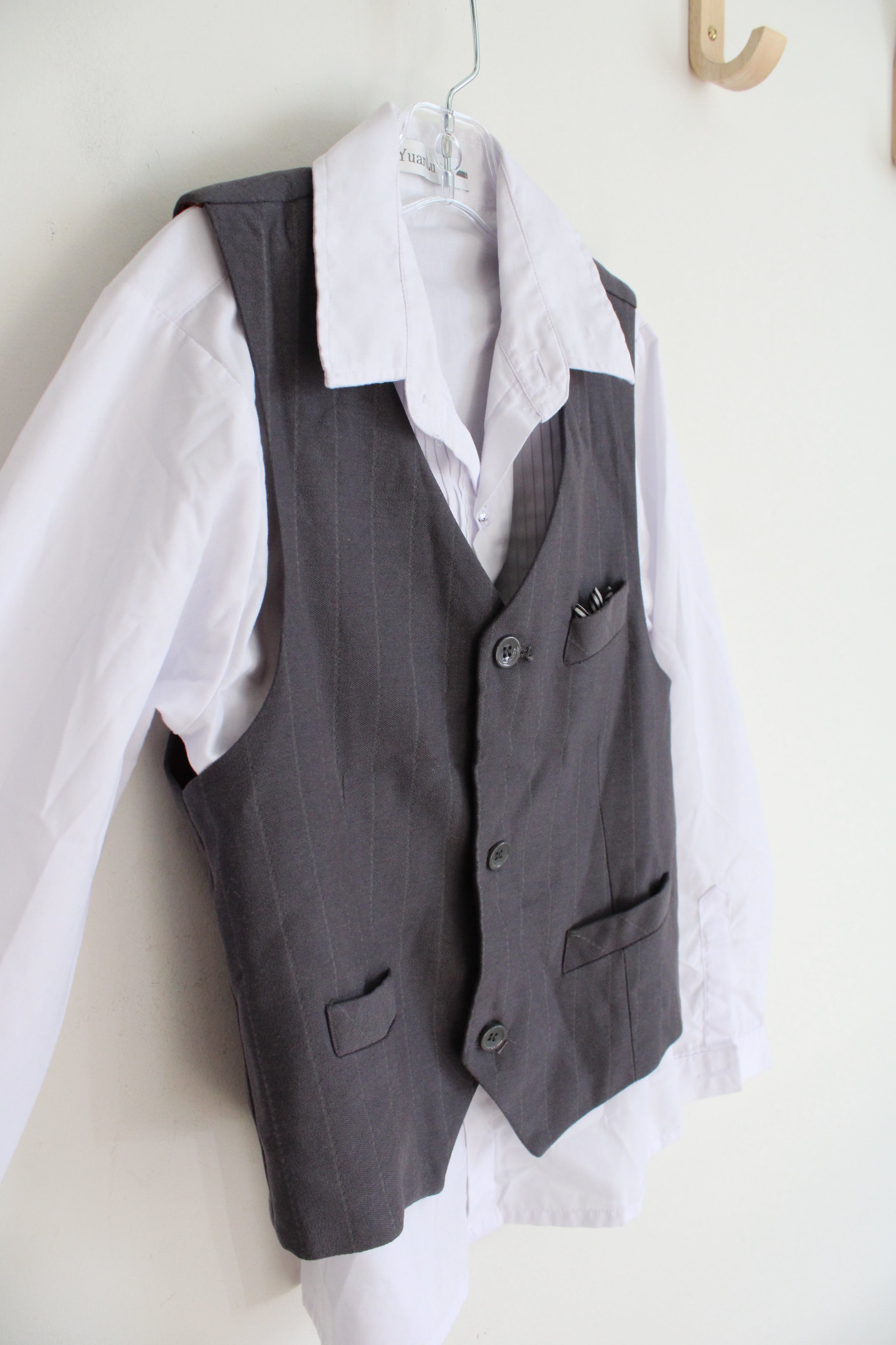 YuanLu White Button Down Shirt & Gray Vest Set | Youth 10