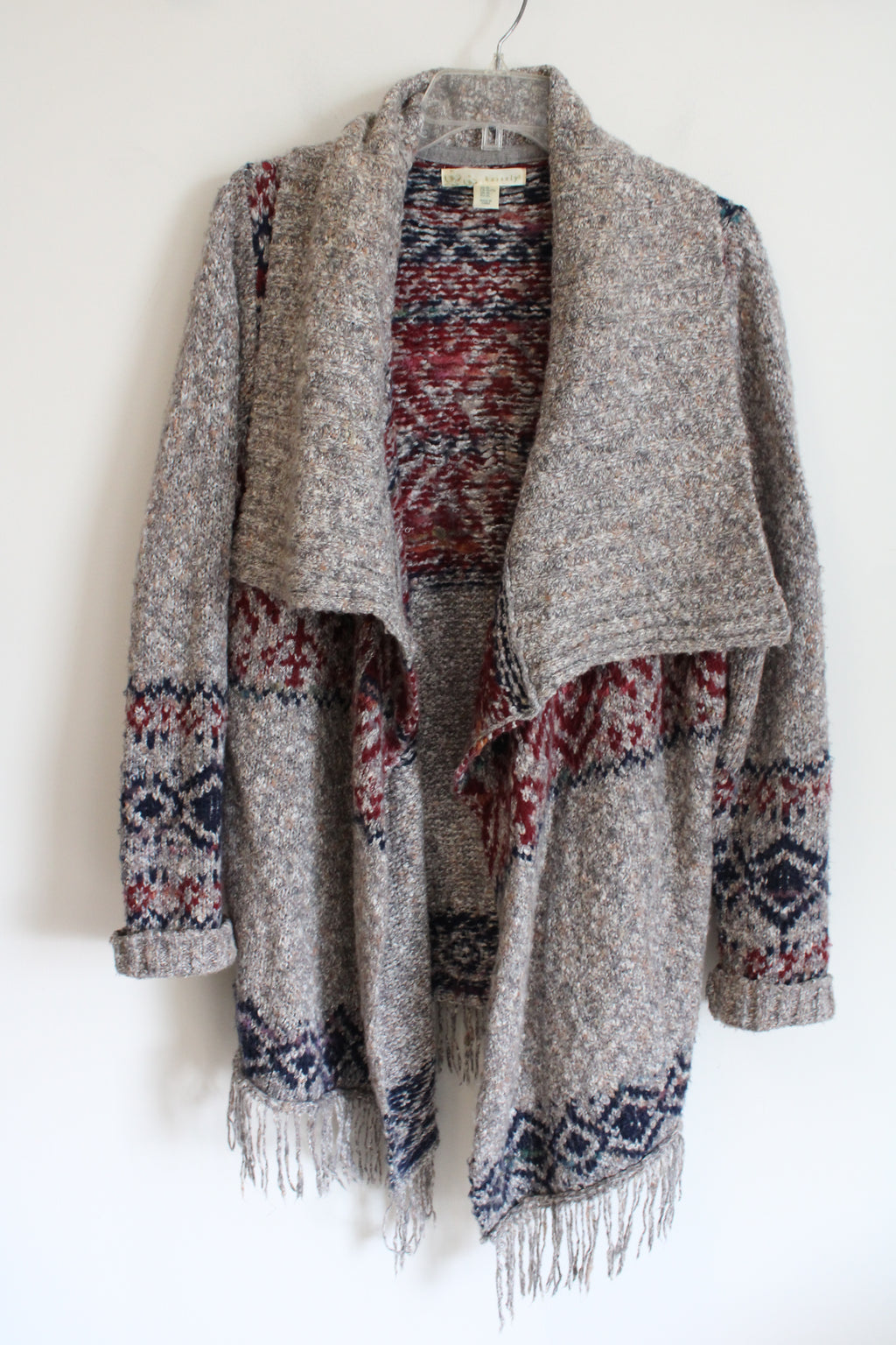 Kaisely Red Blue & Gray Fringe Cardigan Sweater | XL