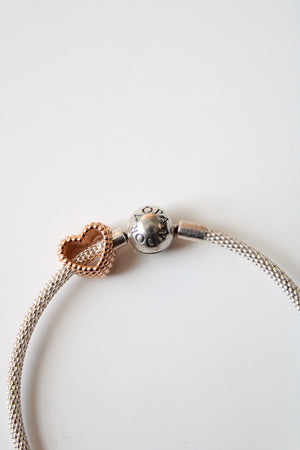 Pandora Sterling Silver Rose Gold Heart Charm Bracelet