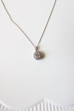 Sterling Silver Round Flower Rhinestone Pendant Necklace