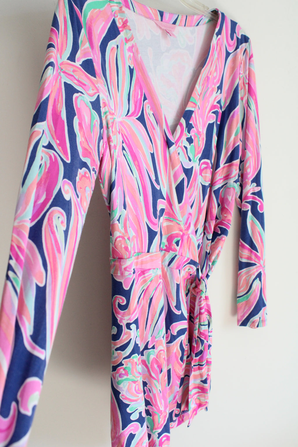 Lilly Pulitzer Tiki Wrap Pink & Blue Patterned Long Sleeved Romper | L