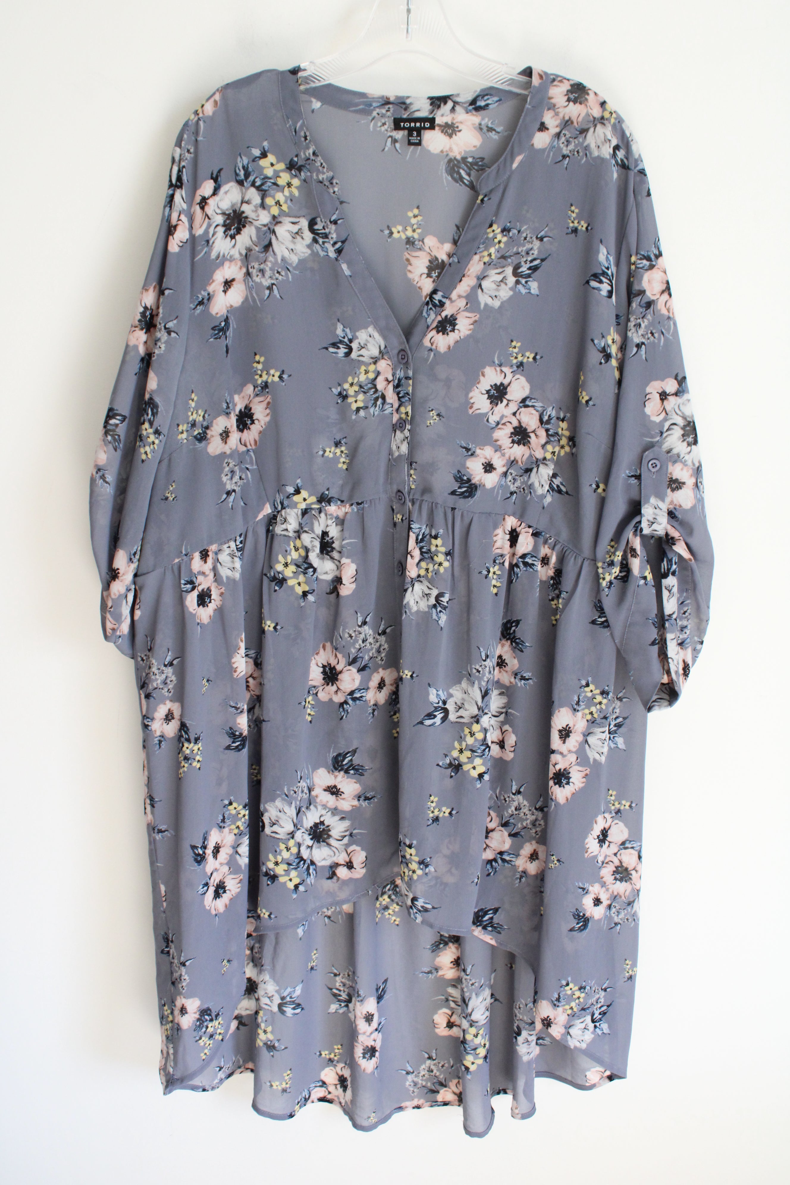 Torrid Blue Floral Chiffon High Low Sheer Blouse| 3 (3X)