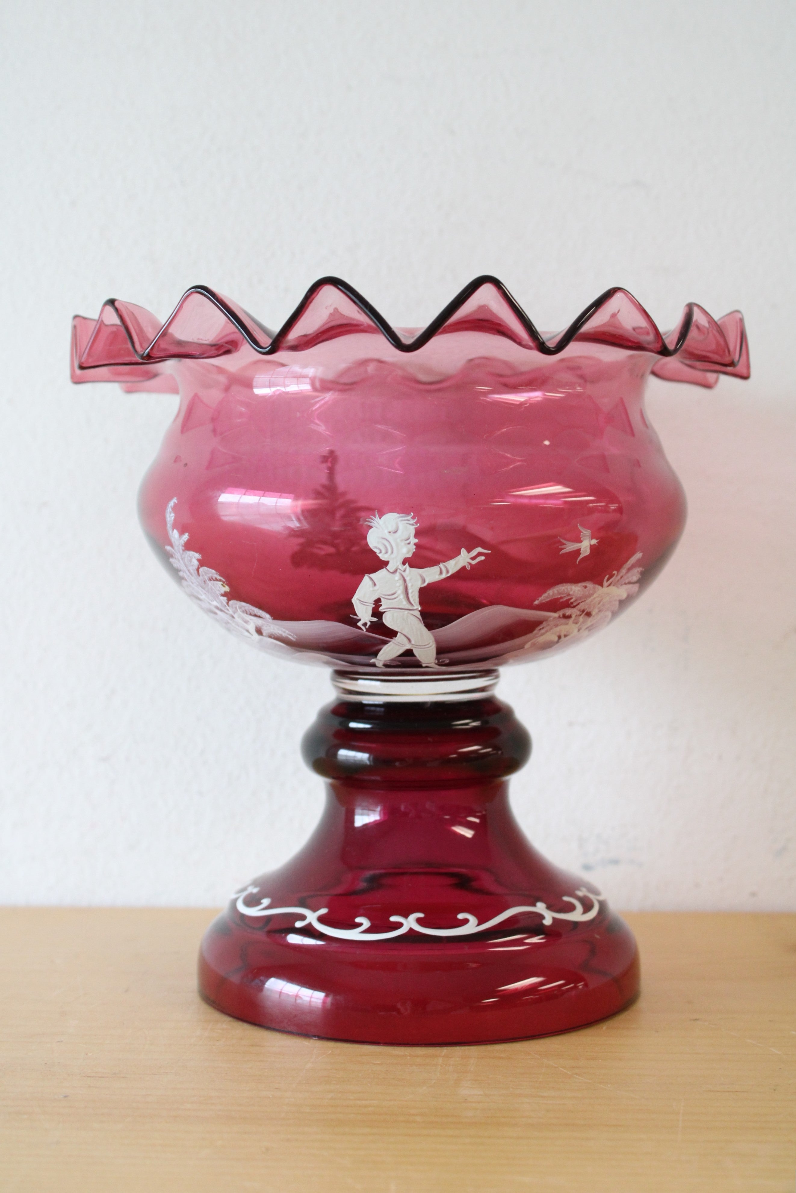 Mary Gregory Hand Painted Ruffled Edged Cranberry Glass Pedestal Vase