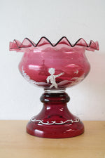 Mary Gregory Hand Painted Ruffled Edged Cranberry Glass Pedestal Vase