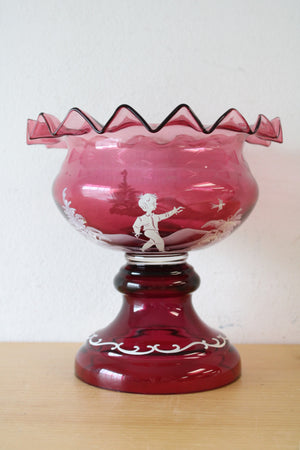 Mary Gregory Hand Painted Ruffled Edged Cranberry Glass Pedestal Vase