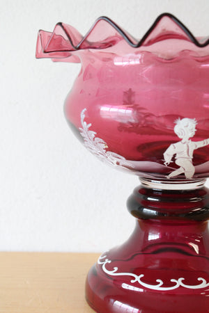 Mary Gregory Hand Painted Ruffled Edged Cranberry Glass Pedestal Vase