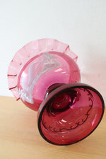 Mary Gregory Hand Painted Ruffled Edged Cranberry Glass Pedestal Vase