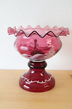 Mary Gregory Hand Painted Ruffled Edged Cranberry Glass Pedestal Vase