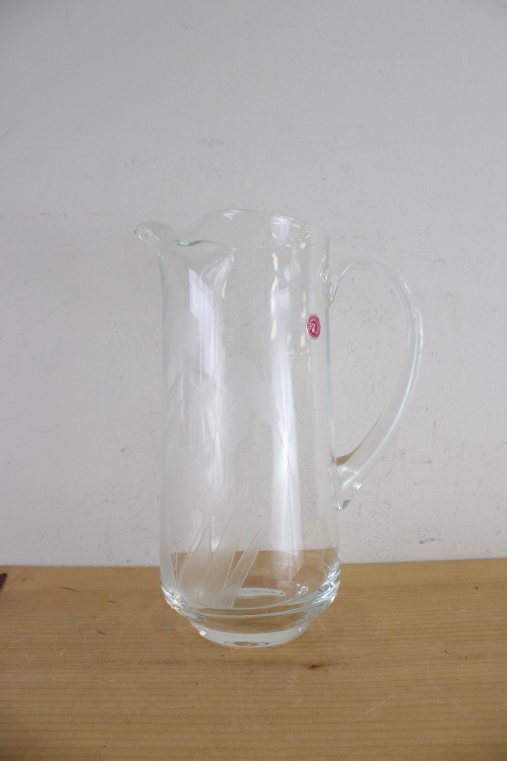 Vintage Romania Etched Floral Tall Glass Pitcher