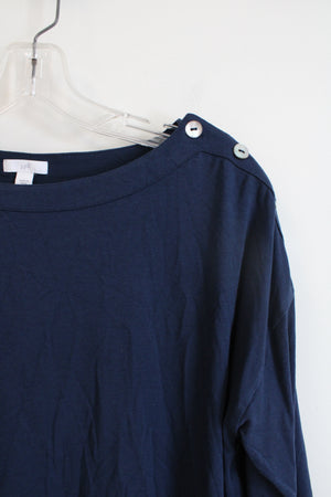 J.Jill Buttoned Shoulder Navy Top | L