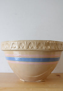 Vintage Yellow Stoneware Blue & Pink Striped Large Mixing Bowl