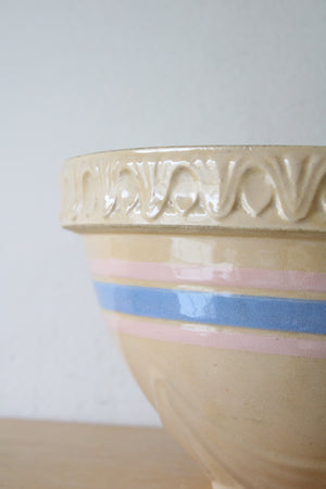 Vintage Yellow Stoneware Blue & Pink Striped Large Mixing Bowl