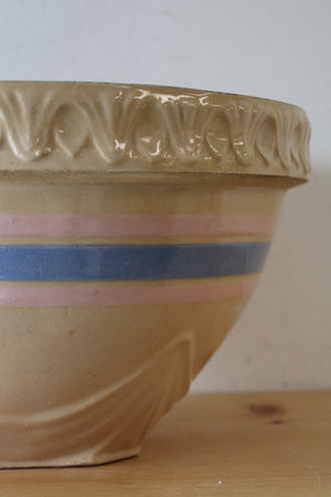 Vintage Yellow Stoneware Blue & Pink Striped Large Mixing Bowl