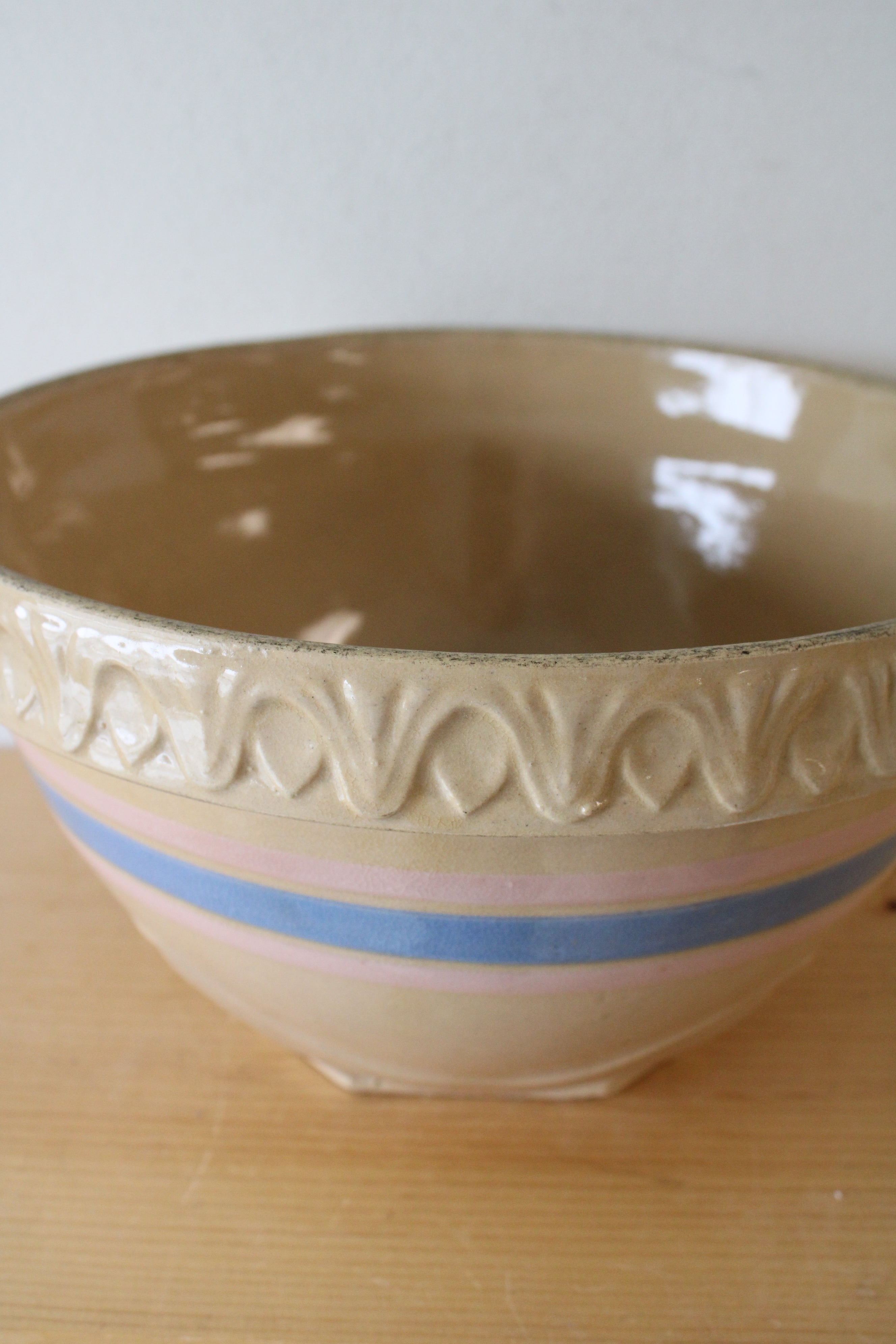 Vintage Yellow Stoneware Blue & Pink Striped Large Mixing Bowl