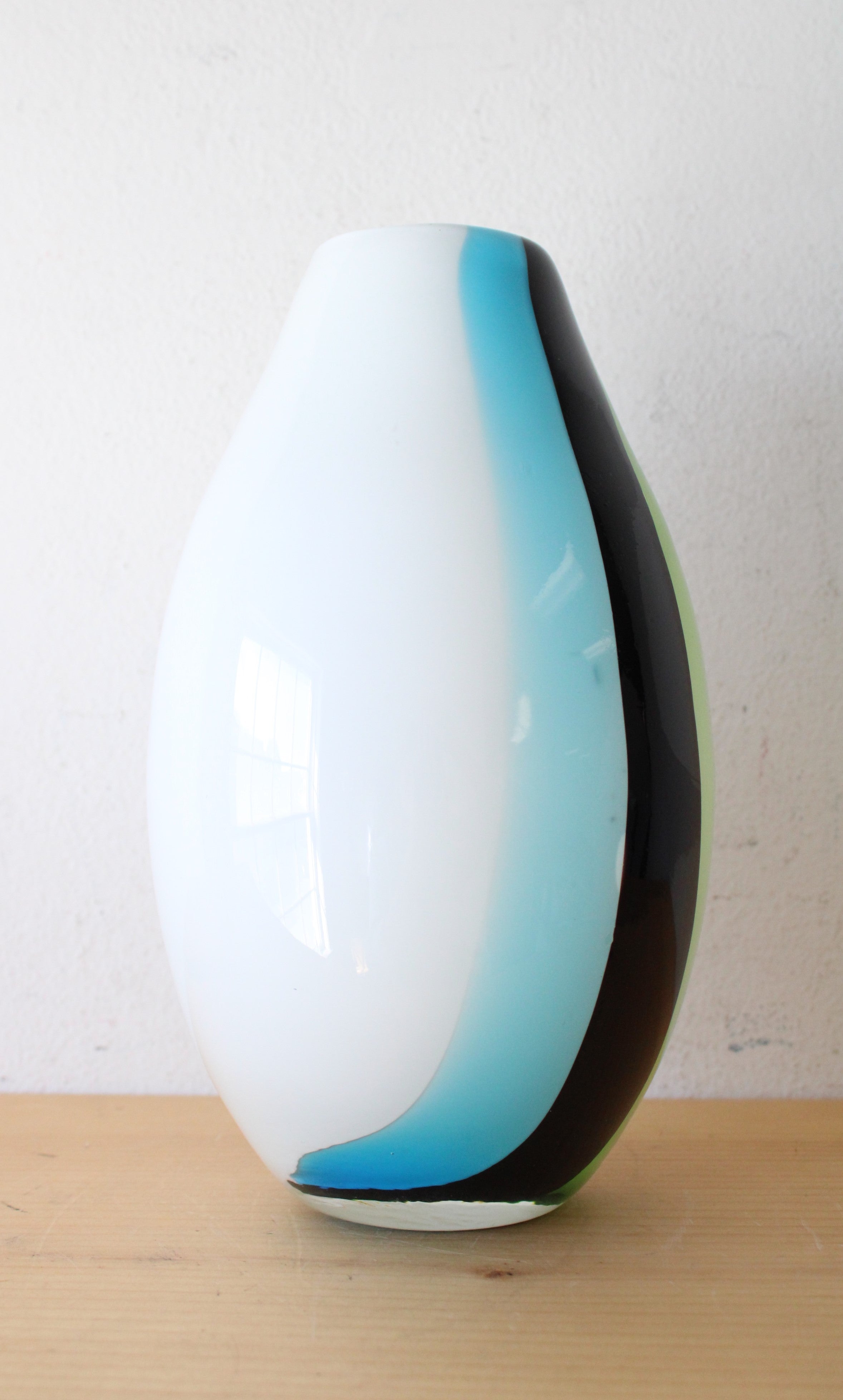 Hand Blown White Blue Black & Green Striped Vase