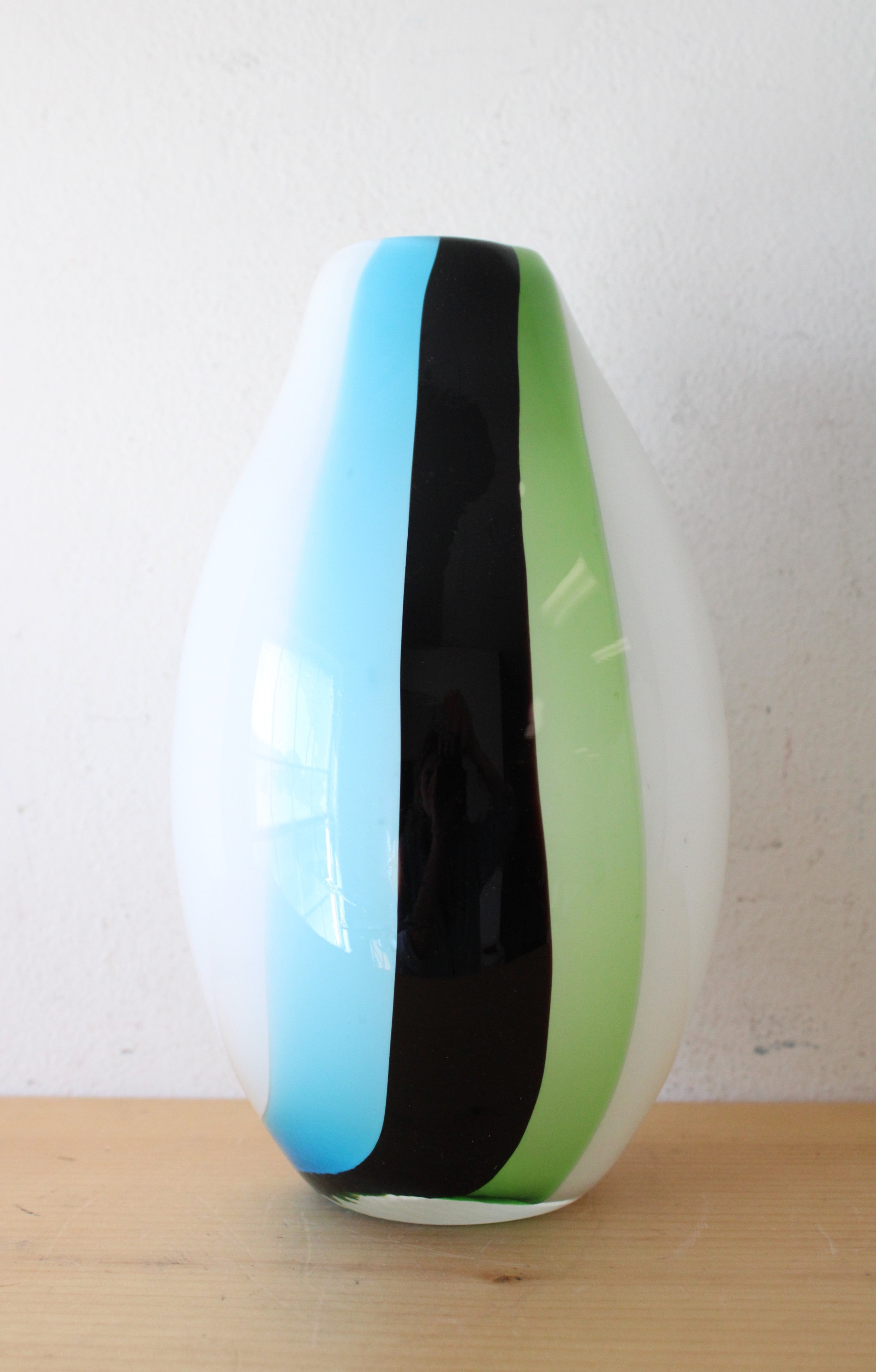 Hand Blown White Blue Black & Green Striped Vase