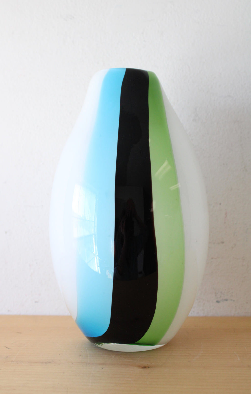 Hand Blown White Blue Black & Green Striped Vase