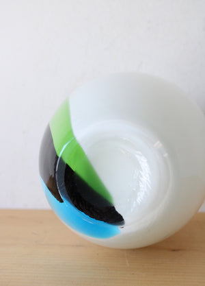 Hand Blown White Blue Black & Green Striped Vase