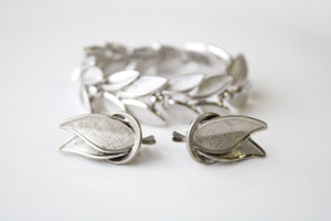 Silver Finish Leaf Clip On Earring & Bracelet Set