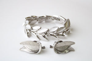 Silver Finish Leaf Clip On Earring & Bracelet Set