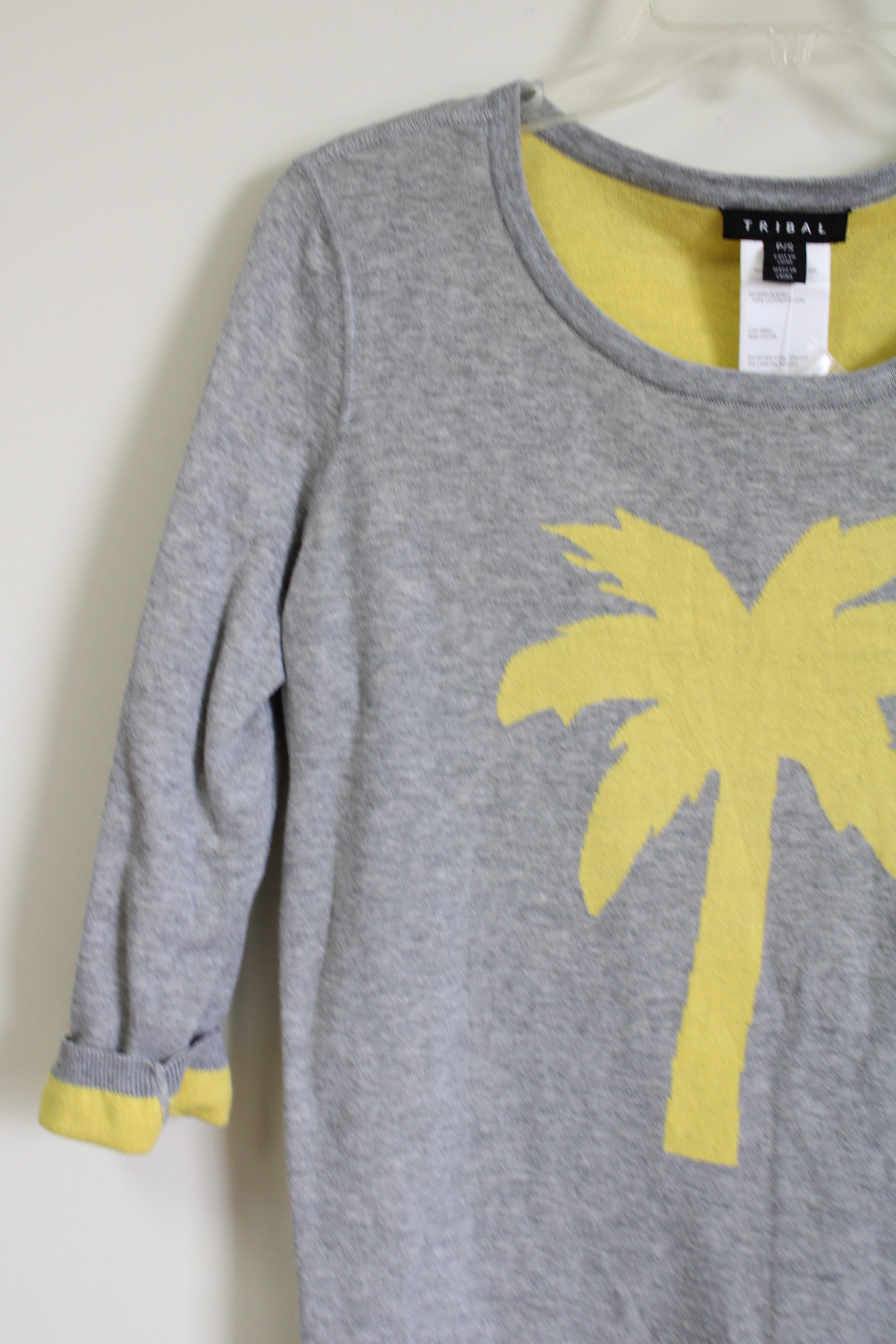 NEW Tribal Yellow Palm Tree Knit Sweater | S Petite