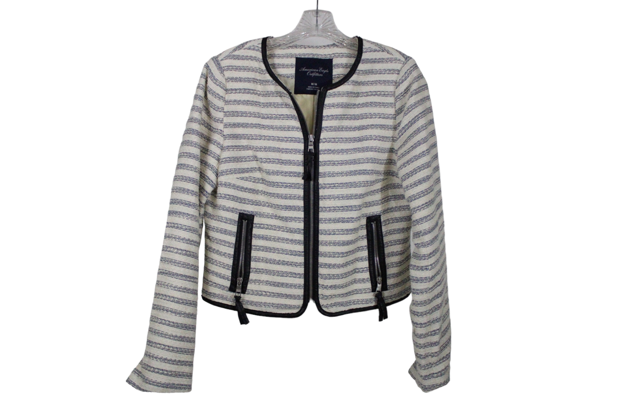 American Eagle Cream Blue Striped Jacket | M